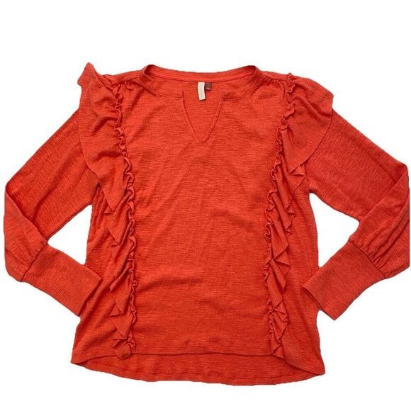 Anthropologie Sweaters - Anthropologie Pilcro Red Orange Popover Ruffle Pullover V-neck Sweater Women's L